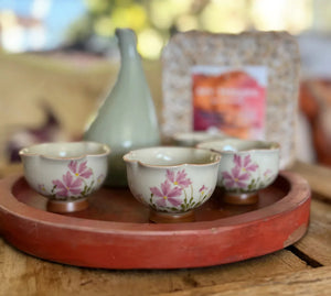 My House by Marine vintage Sake Set Japanese Porcelain Sake Set: Celadon Bottle & 4 Hand Painted Cups in Handwoven Basket
