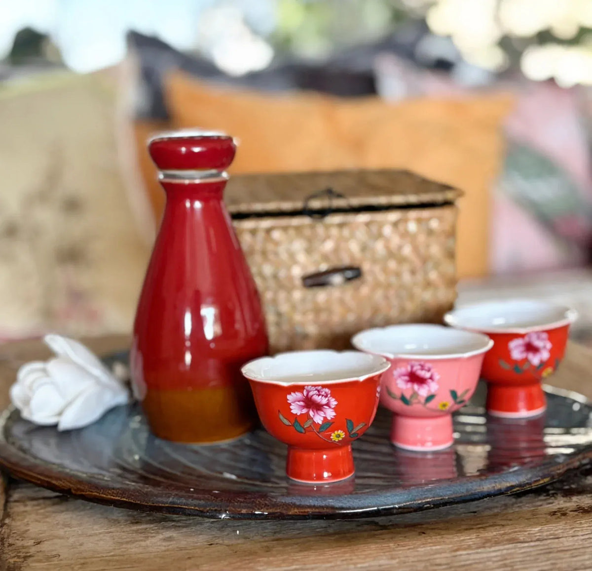 My House by Marine vintage Sake Set Porcelain Red Sake Set with 3 Delicate Hand Painted Floral Cups and Woven Basket