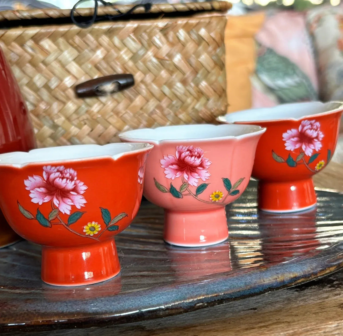 My House by Marine vintage Sake Set Porcelain Red Sake Set with 3 Delicate Hand Painted Floral Cups and Woven Basket