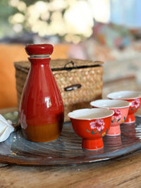 My House by Marine vintage Sake Set Porcelain Red Sake Set with 3 Delicate Hand Painted Floral Cups and Woven Basket