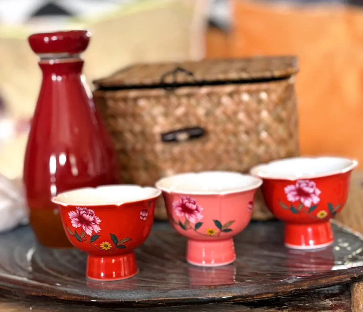 My House by Marine vintage Sake Set Porcelain Red Sake Set with 3 Delicate Hand Painted Floral Cups and Woven Basket