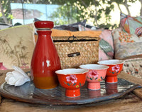My House by Marine vintage Sake Set Porcelain Red Sake Set with 3 Delicate Hand Painted Floral Cups and Woven Basket