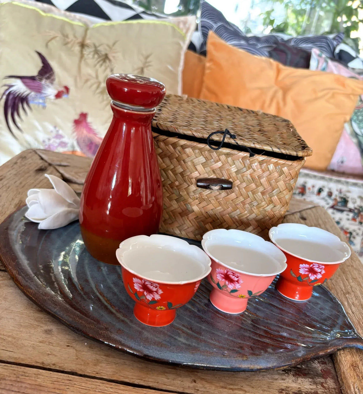 My House by Marine vintage Sake Set Porcelain Red Sake Set with 3 Delicate Hand Painted Floral Cups and Woven Basket