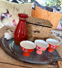 My House by Marine vintage Sake Set Porcelain Red Sake Set with 3 Delicate Hand Painted Floral Cups and Woven Basket