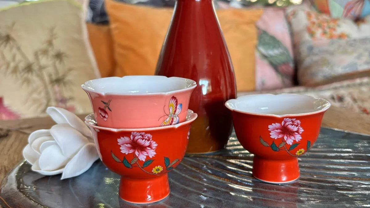 My House by Marine vintage Sake Set Porcelain Red Sake Set with 3 Delicate Hand Painted Floral Cups and Woven Basket