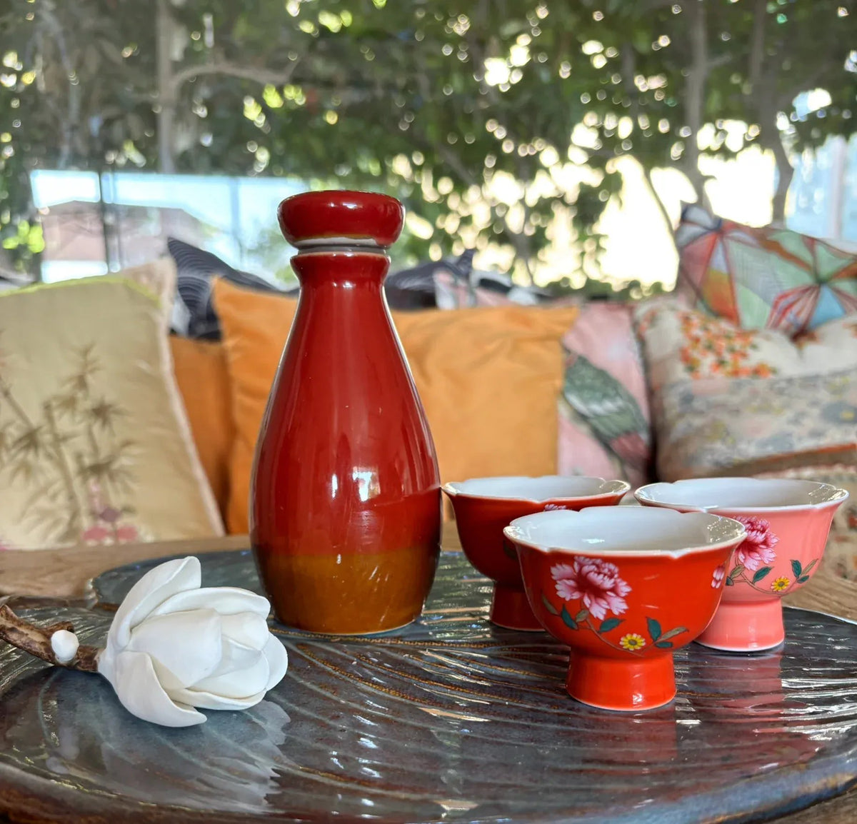 My House by Marine vintage Sake Set Porcelain Red Sake Set with 3 Delicate Hand Painted Floral Cups and Woven Basket