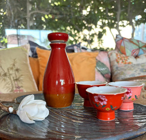 My House by Marine vintage Sake Set Porcelain Red Sake Set with 3 Delicate Hand Painted Floral Cups and Woven Basket