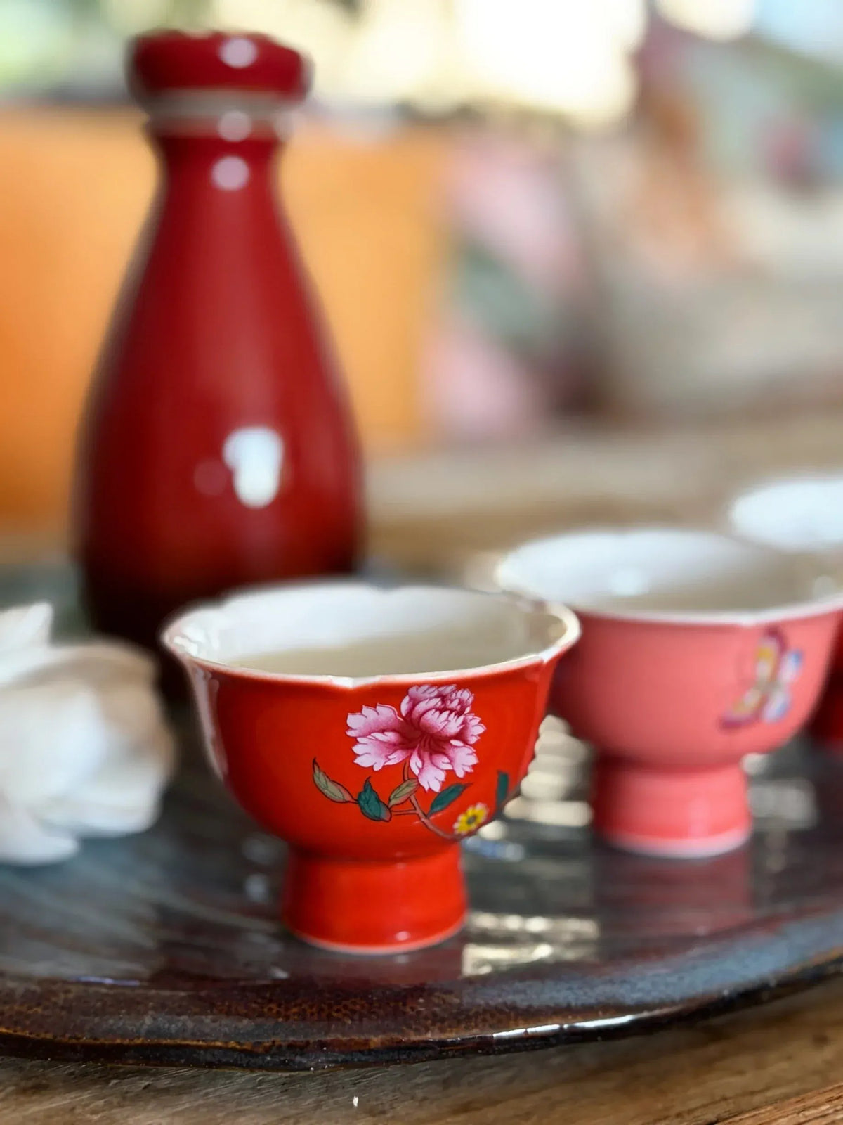 My House by Marine vintage Sake Set Porcelain Red Sake Set with 3 Delicate Hand Painted Floral Cups and Woven Basket