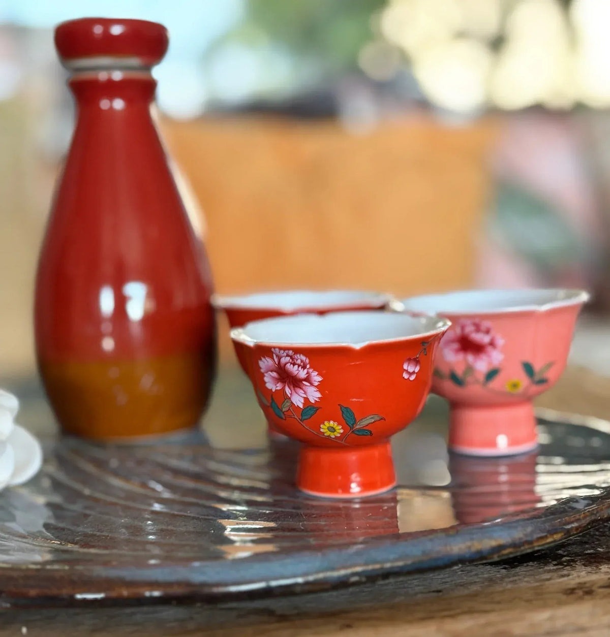 My House by Marine vintage Sake Set Porcelain Red Sake Set with 3 Delicate Hand Painted Floral Cups and Woven Basket