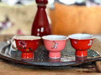 My House by Marine vintage Sake Set Porcelain Red Sake Set with 3 Delicate Hand Painted Floral Cups and Woven Basket