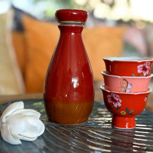 My House by Marine vintage Sake Set Porcelain Red Sake Set with 3 Delicate Hand Painted Floral Cups and Woven Basket