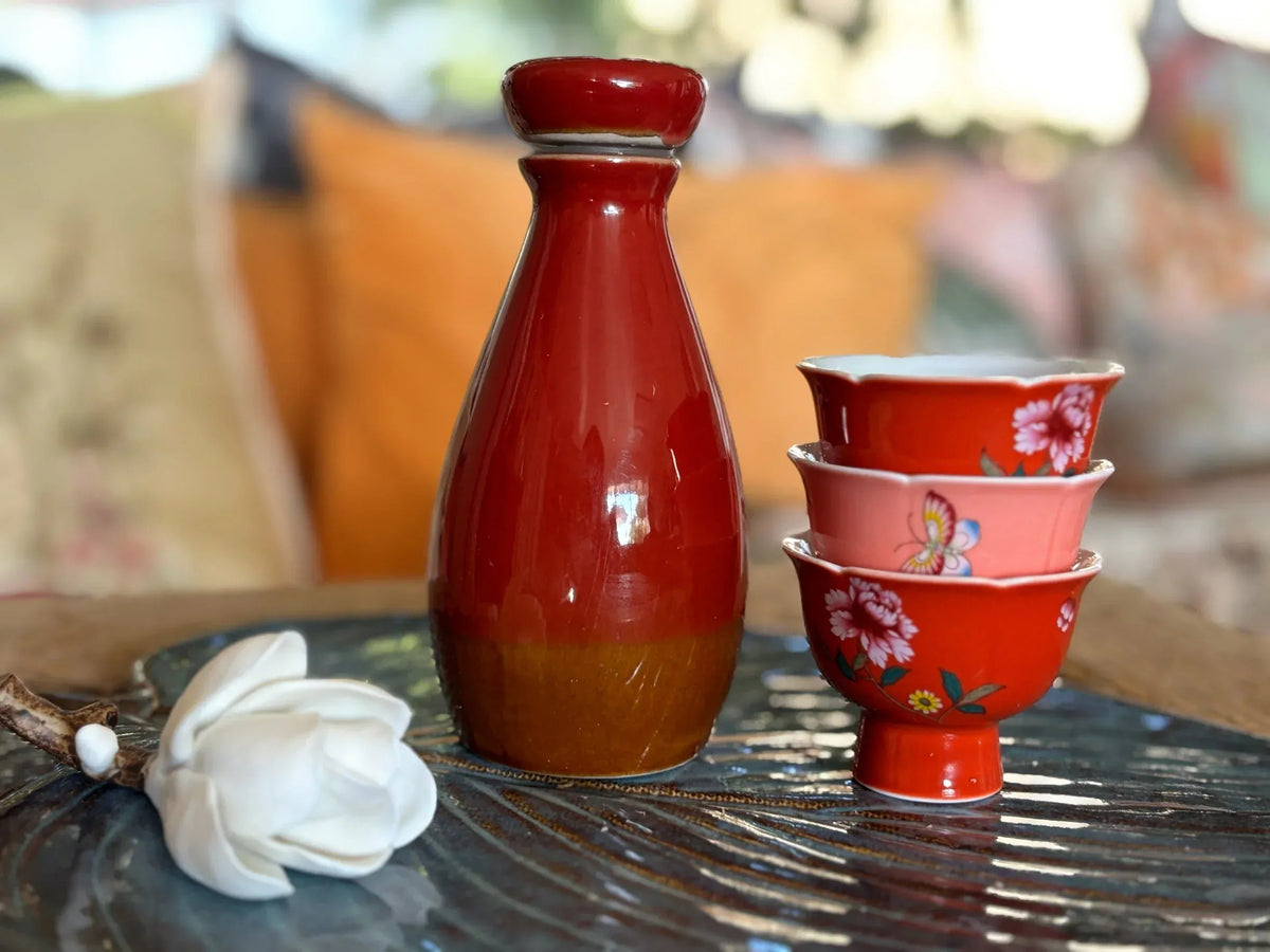My House by Marine vintage Sake Set Porcelain Red Sake Set with 3 Delicate Hand Painted Floral Cups and Woven Basket