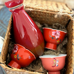 My House by Marine vintage Sake Set Porcelain Red Sake Set with 3 Delicate Hand Painted Floral Cups and Woven Basket