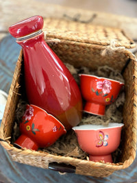 My House by Marine vintage Sake Set Porcelain Red Sake Set with 3 Delicate Hand Painted Floral Cups and Woven Basket