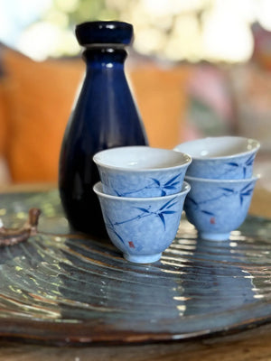 My House by Marine vintage Sake Set Porcelain Sake Set: Blue Bottle, 4 Delicate Hand Painted Floral Cups, Woven Basket