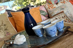 My House by Marine vintage Sake Set Porcelain Sake Set: Blue Bottle, 4 Delicate Hand Painted Floral Cups, Woven Basket