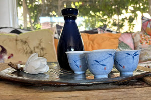 My House by Marine vintage Sake Set Porcelain Sake Set: Blue Bottle, 4 Delicate Hand Painted Floral Cups, Woven Basket