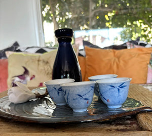 My House by Marine vintage Sake Set Porcelain Sake Set: Blue Bottle, 4 Delicate Hand Painted Floral Cups, Woven Basket