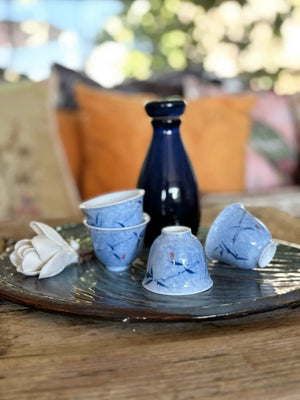 My House by Marine vintage Sake Set Porcelain Sake Set: Blue Bottle, 4 Delicate Hand Painted Floral Cups, Woven Basket