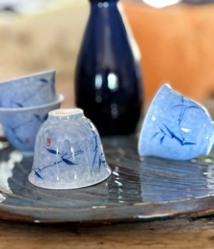 My House by Marine vintage Sake Set Porcelain Sake Set: Blue Bottle, 4 Delicate Hand Painted Floral Cups, Woven Basket