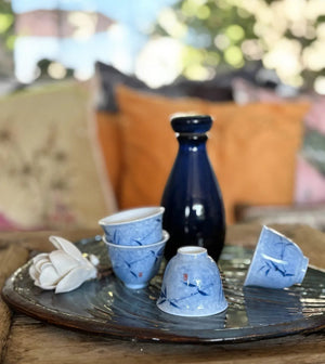 My House by Marine vintage Sake Set Porcelain Sake Set: Blue Bottle, 4 Delicate Hand Painted Floral Cups, Woven Basket