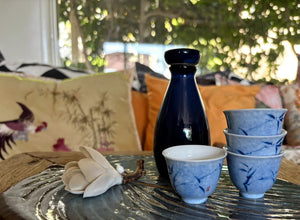 My House by Marine vintage Sake Set Porcelain Sake Set: Blue Bottle, 4 Delicate Hand Painted Floral Cups, Woven Basket