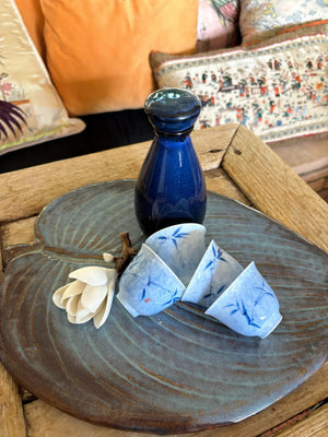 My House by Marine vintage Sake Set Porcelain Sake Set: Blue Bottle, 4 Delicate Hand Painted Floral Cups, Woven Basket