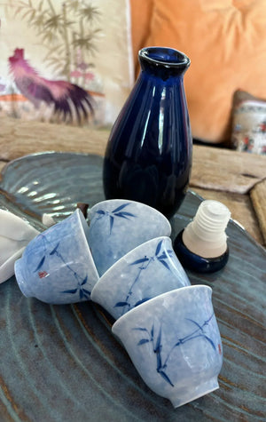 My House by Marine vintage Sake Set Porcelain Sake Set: Blue Bottle, 4 Delicate Hand Painted Floral Cups, Woven Basket
