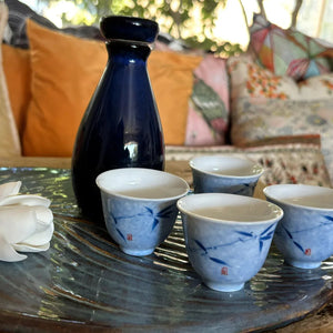 My House by Marine vintage Sake Set Porcelain Sake Set: Blue Bottle, 4 Delicate Hand Painted Floral Cups, Woven Basket