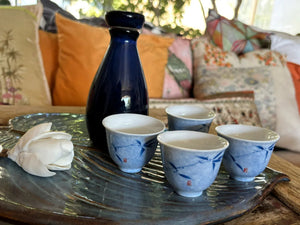 My House by Marine vintage Sake Set Porcelain Sake Set: Blue Bottle, 4 Delicate Hand Painted Floral Cups, Woven Basket