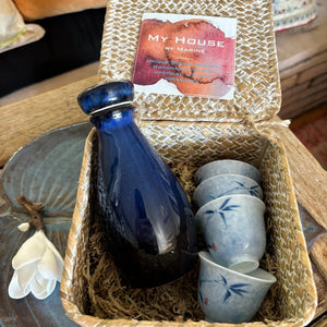 My House by Marine vintage Sake Set Porcelain Sake Set: Blue Bottle, 4 Delicate Hand Painted Floral Cups, Woven Basket