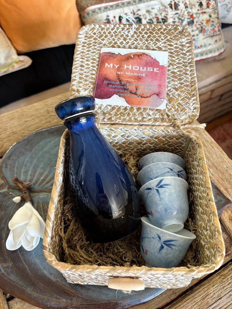 My House by Marine vintage Sake Set Porcelain Sake Set: Blue Bottle, 4 Delicate Hand Painted Floral Cups, Woven Basket