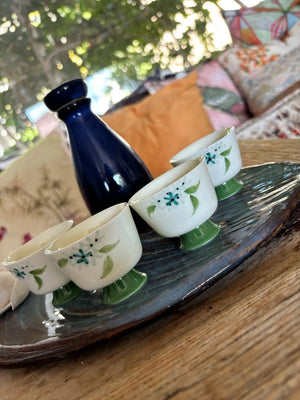 My House by Marine vintage Sake Set Porcelain Sake Set: Blue Bottle, 4 Delicate Hand Painted Floral Cups, Woven Basket
