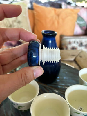 My House by Marine vintage Sake Set Porcelain Sake Set: Blue Bottle, 4 Delicate Hand Painted Floral Cups, Woven Basket