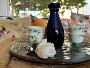 My House by Marine vintage Sake Set Porcelain Sake Set: Blue Bottle, 4 Delicate Hand Painted Floral Cups, Woven Basket