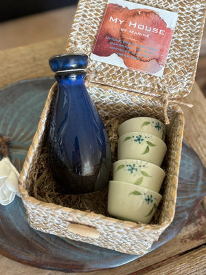 My House by Marine vintage Sake Set Porcelain Sake Set: Blue Bottle, 4 Delicate Hand Painted Floral Cups, Woven Basket