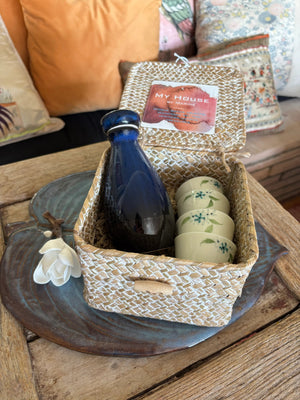 My House by Marine vintage Sake Set Porcelain Sake Set: Blue Bottle, 4 Delicate Hand Painted Floral Cups, Woven Basket