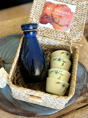 My House by Marine vintage Sake Set Porcelain Sake Set: Blue Bottle, 4 Delicate Hand Painted Floral Cups, Woven Basket