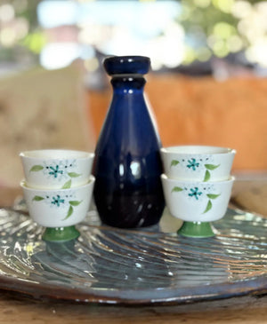My House by Marine vintage Sake Set Porcelain Sake Set: Blue Bottle, 4 Delicate Hand Painted Floral Cups, Woven Basket