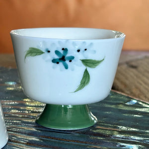 My House by Marine vintage Sake Set Porcelain Sake Set: Blue Bottle, 4 Delicate Hand Painted Floral Cups, Woven Basket
