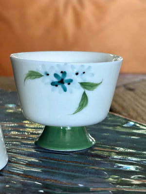 My House by Marine vintage Sake Set Porcelain Sake Set: Blue Bottle, 4 Delicate Hand Painted Floral Cups, Woven Basket
