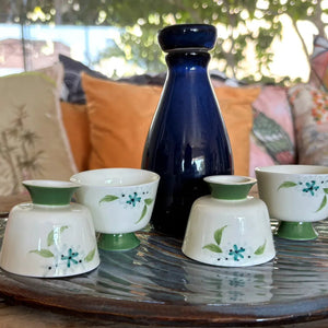 My House by Marine vintage Sake Set Porcelain Sake Set: Blue Bottle, 4 Delicate Hand Painted Floral Cups, Woven Basket