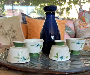 My House by Marine vintage Sake Set Porcelain Sake Set: Blue Bottle, 4 Delicate Hand Painted Floral Cups, Woven Basket
