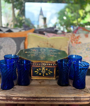 My House by Marine Water/Juice Glasses Antique Floral Painted Solid wood Box with 6 Italian Cobalt glasses