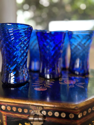 My House by Marine Water/Juice Glasses Antique Floral Painted Solid wood Box with 6 Italian Cobalt glasses