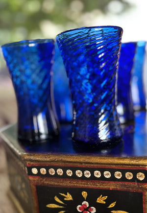 My House by Marine Water/Juice Glasses Antique Floral Painted Solid wood Box with 6 Italian Cobalt glasses