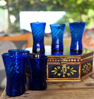 My House by Marine Water/Juice Glasses Antique Floral Painted Solid wood Box with 6 Italian Cobalt glasses