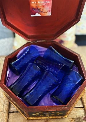 My House by Marine Water/Juice Glasses Antique Floral Painted Solid wood Box with 6 Italian Cobalt glasses