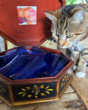My House by Marine Water/Juice Glasses Antique Floral Painted Solid wood Box with 6 Italian Cobalt glasses