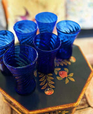 My House by Marine Water/Juice Glasses Antique Floral Painted Solid wood Box with 6 Italian Cobalt glasses